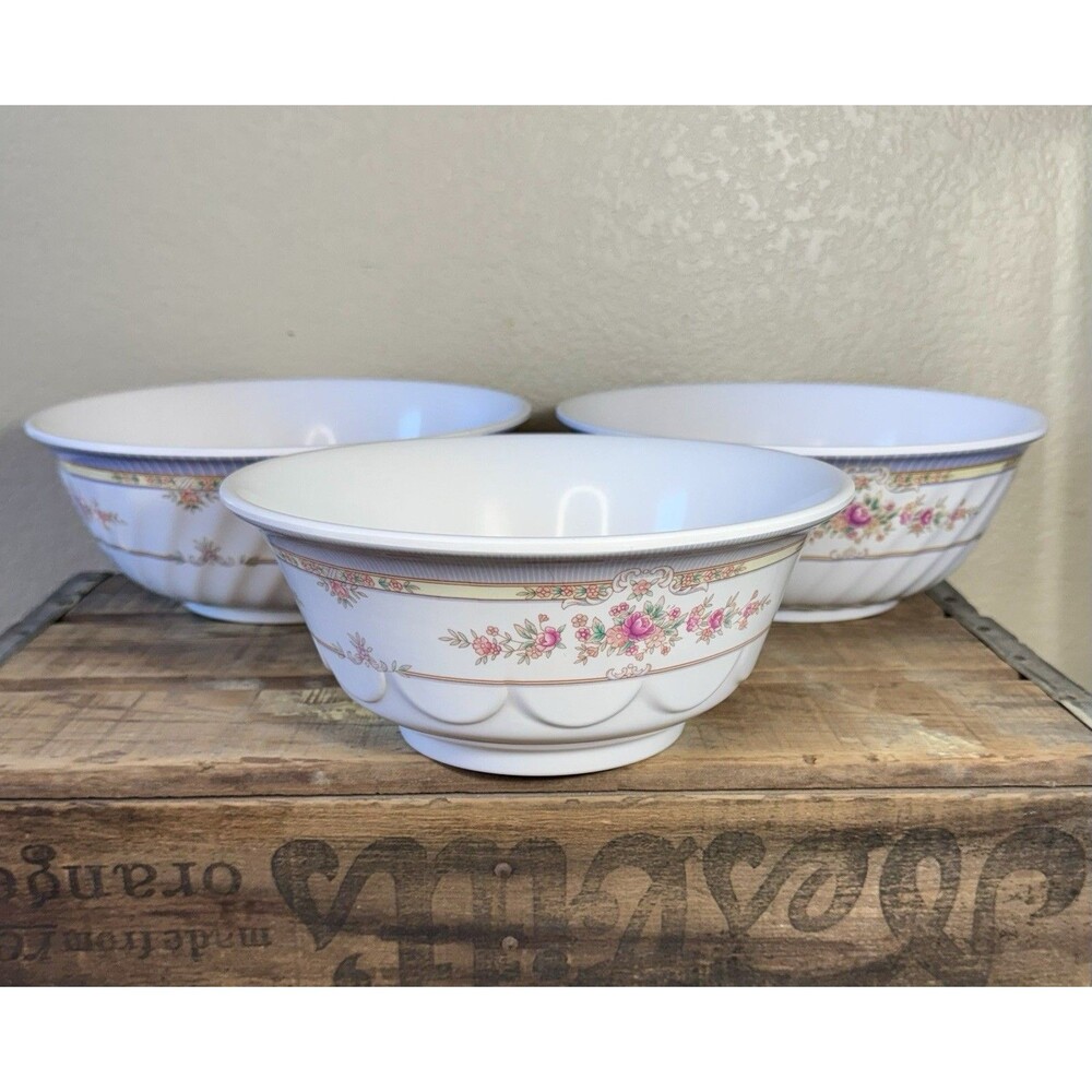 Tong Ya Melamine Serving Bowls #309 Set Of 3 Floral Decor Blue & Pink 2 Sizes